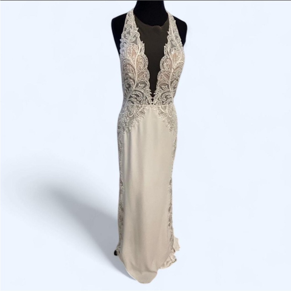 Calla Blanche L'Amour White Lace Plunge Halter Wedding Dress